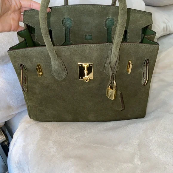 Nee 30cm genuine suede army green top handle handbag Satchels